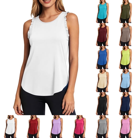 SROBPTY Womens Tank Tops Solid Fashion Crew Neck Sleeveless Pleats Summer Shirts for Everyday Wear
