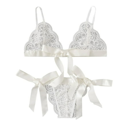 Midwennn Women Bra Sexy Underpant Scalloped Trim Tie Side Lace Set Lingerie Bow Sexy Petite Lingerie