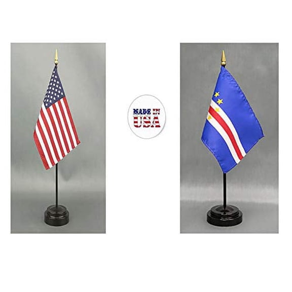 Made in The USA. 1 American and 1 Cape Verde Rayon 4"x6" Miniature Office Desk & Little Hand Waving Table Flag, Includes 2 Flag Stands & 2 Small 4"x6" Mini Stick Flags