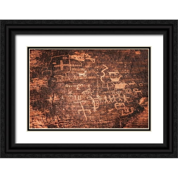 Bishop, Russ 32x23 Black Ornate Wood Framed with Double Matting Museum Art Print Titled - Petroglyphs at the Mouses Tank-Valley of Fire State Park-Nevada-USA