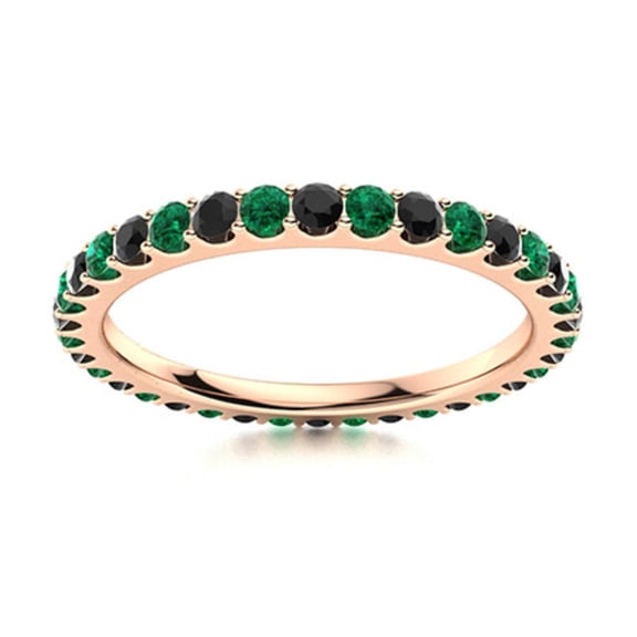 2MM Round Emerald & Black Spinel 925 Sterling Silver Rose Plated Eternity Ring