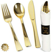 Angle View: 36 Piece 60th Years Birthday Anniversary Pre Rolled Napkin and Gold Plastic Silverware Cutlery Utensil Set Disposable Heavy Duty Flatware Combo Knife Spoon Fork Supplies for Party