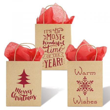 - Kraft Holiday Gift Bags- Set of 10 Christmas Gift Bags With Red Foil Print, 3 Assorted Designs