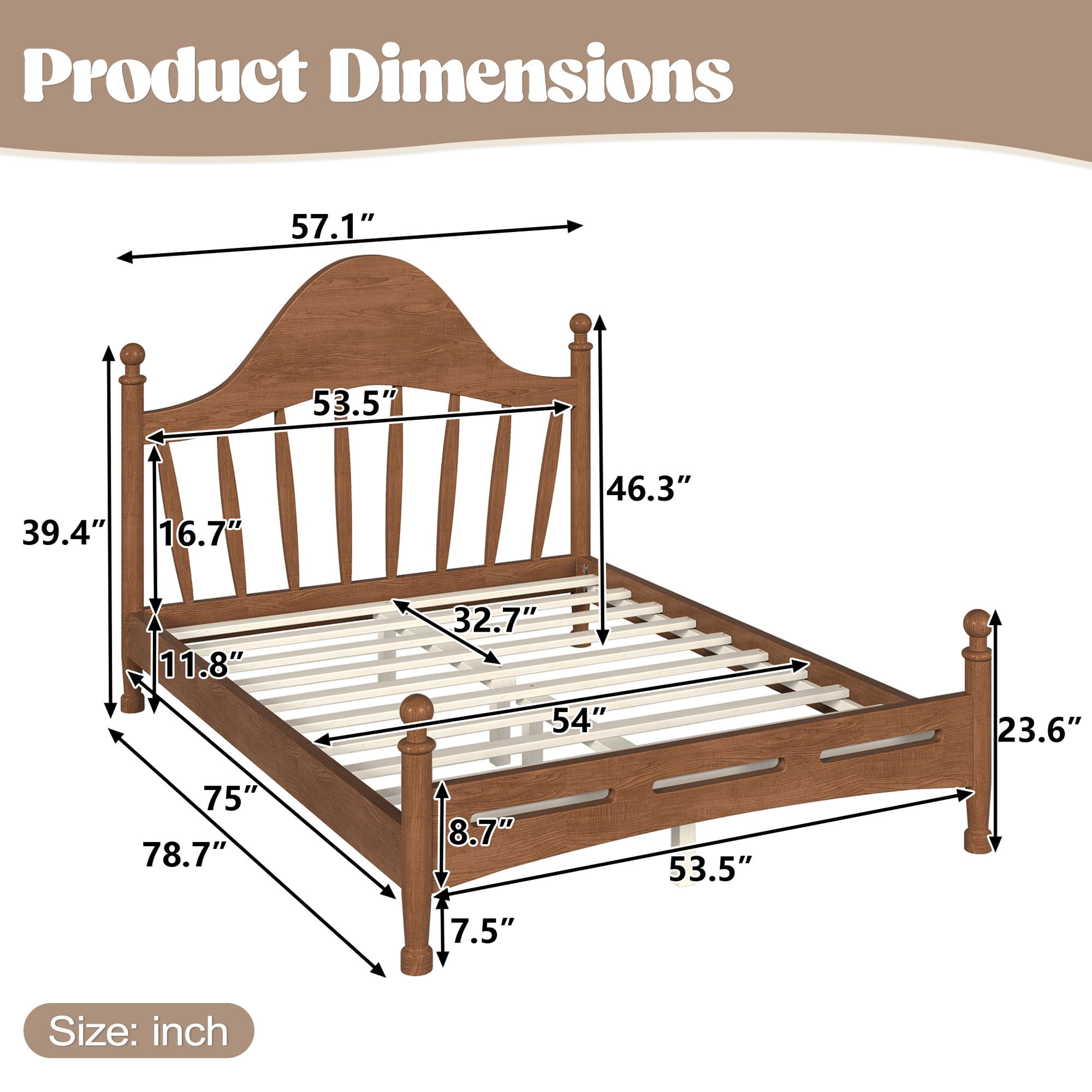 Leumius Full Size Platform Bed with Chic Headboard, Solid Wood Bed Frame with Slatted Support, Low to Ground Design for Bedroom Brown