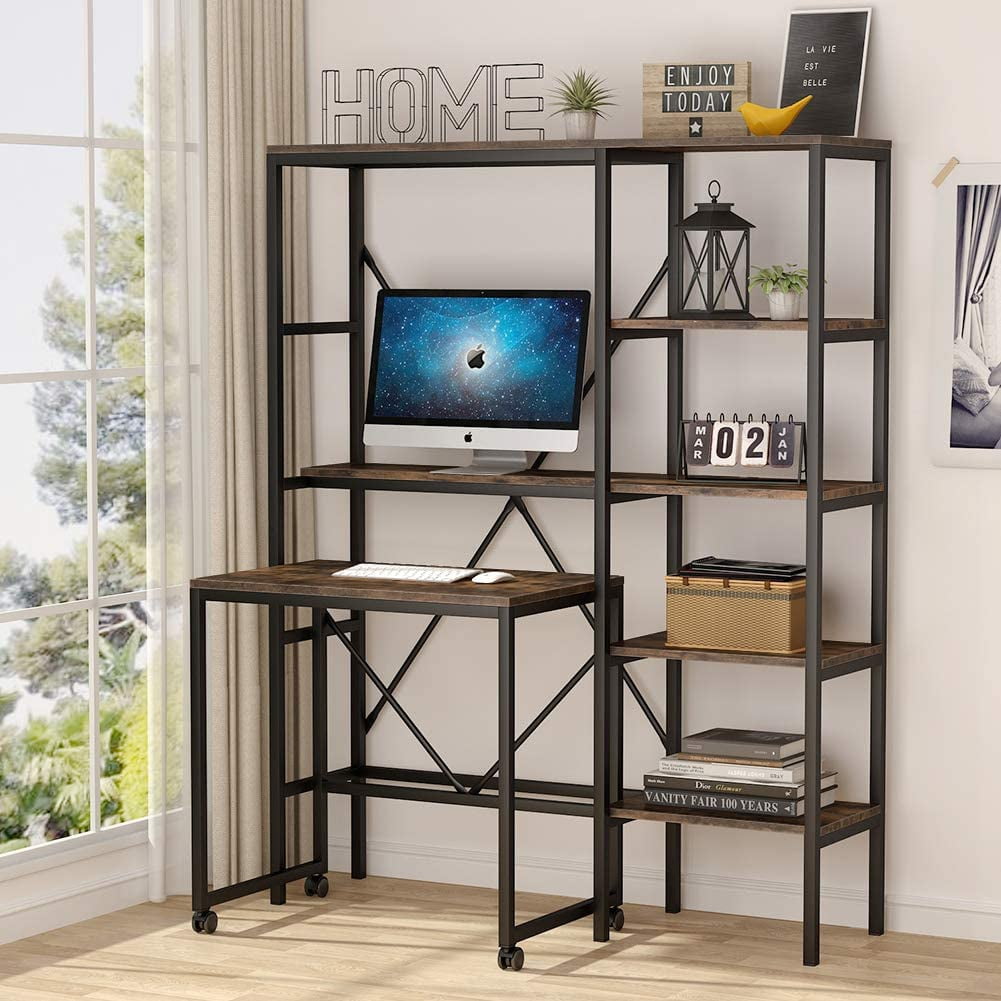 Mobile Computer Desk with 5 Storage Shelves and Monitor Stand