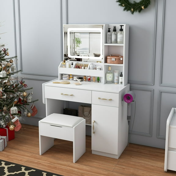 Makeup Vanity Desk with Mirror and Lights, Power Outlet Charging Station, Makeup Dressing Table with 3 Drawers, 7 Shelves and Storage Stool