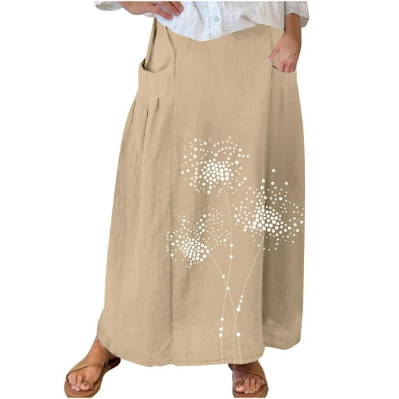 Mrat Pencil Skirt for Women Women's Casual Retro Floral Skirts Linen Elastic Waist Pleated Maxi Skirt with Pockets Plus Size Skirts S-239 Khaki 3XL