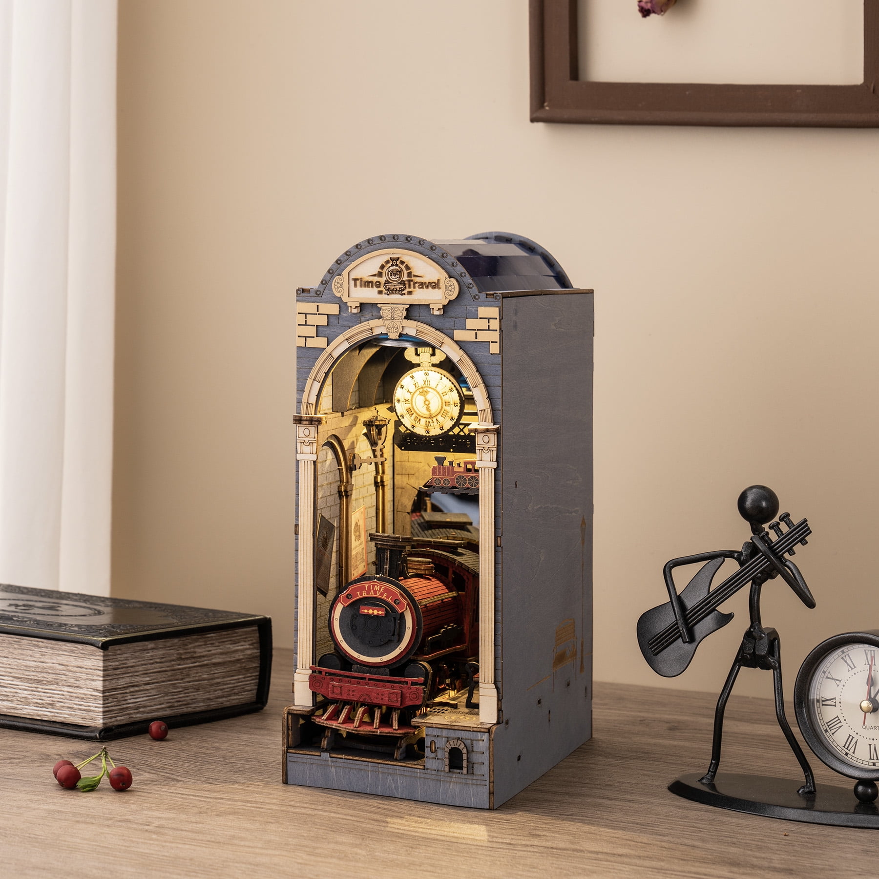 ROBOTIME Time Travel DIY Book Nook Kit,Wooden Mini Dollhouse Bookend Model Building Kit, 3D Puzzle Tiny Home Bookshelf Decor, Gifts for Adults Teens