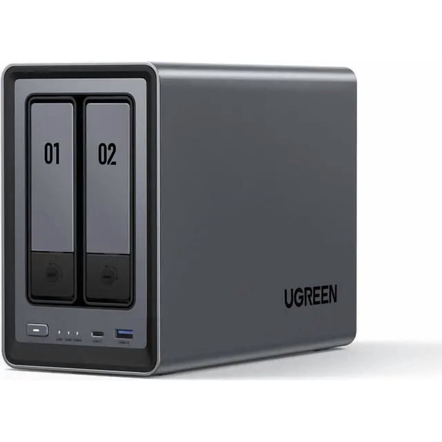 UGREEN NASync DXP2800 2-Bay NAS with Intel 4-Core CPU and 8GB DDR5 Diskless, shown in a sleek grey rectangular design with two numbered drive bays labeled 01 and 02 on the front. Features include up to 76TB storage capacity, 2.5GbE network port, and compatibility with multiple devices and systems. Ideal for creating a personal cloud, home theater, or file backup with advanced encryption and RAID support.