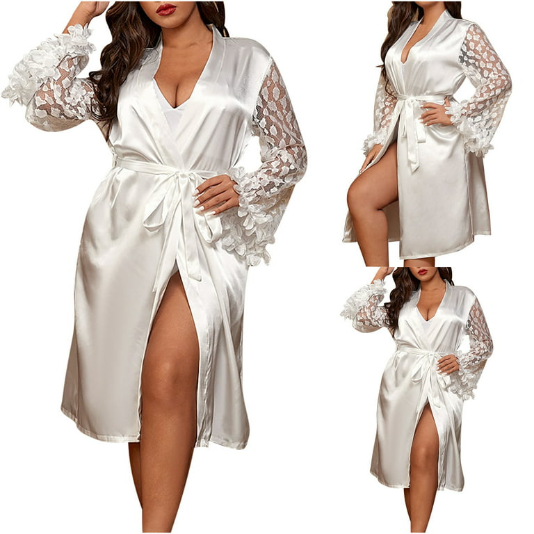 Satin Robes for Women Sexy Lace Long Sleeve Bridesmaids Silky Bathrobes  Sleepwear Dressing Gown Nightgown Plus Size Womens Clothes