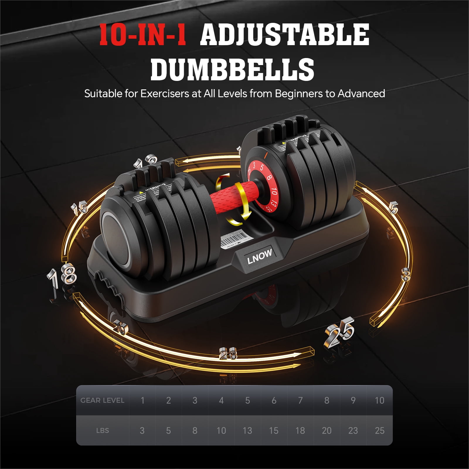 LNOW 25lbs (1 Pair) 10-in-1 Quick Select Adjustable Dumbbells, Dumbbell Weights 3/5/8/10/13/15/18/20/23/25lb with Anti-Slip Hand Suitable for Home Gym Exercise Equipment