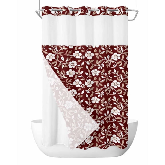 No Hook Cloth Fabric Shower Curtain with Snap in Liner, Red White Floral Waterproof Shower Curtains Set with See Through Top Window, Farmhouse Retro Botanical Leaves Bath Curtains Shower 36"x78"