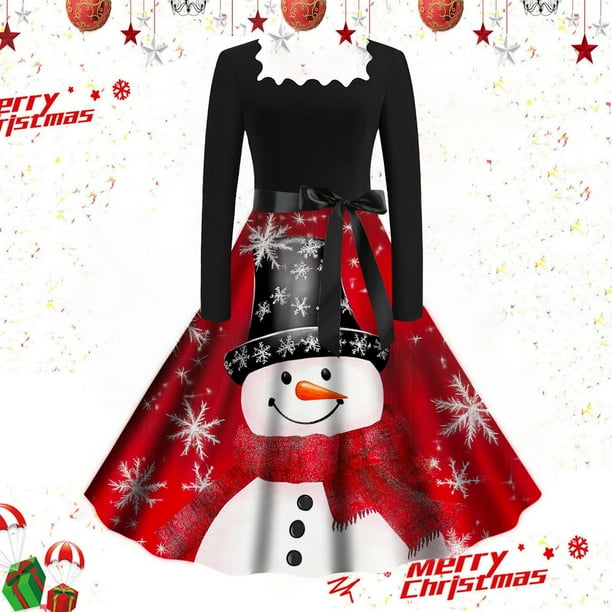 Vestido Informal Retro Con Cordones y Cuello Cuadrado de Manga Larga Con Estampado Navideño Para Mujer, Otoño E Invierno (1)