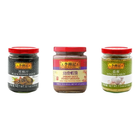 NineChef Brand Spoon Plus 3 Pack Lee Kum Kee Cooking Sauce, 3 Flavors(Black Pepper Sauce,Finely Shrimp,Minced Garlic Sauce)