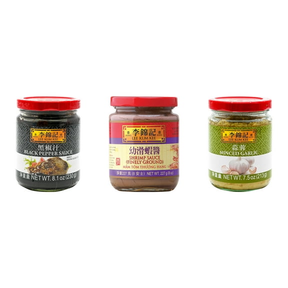 NineChef Brand Spoon Plus 3 Pack Lee Kum Kee Cooking Sauce, 3 Flavors(Black Pepper Sauce,Finely Shrimp,Minced Garlic Sauce)