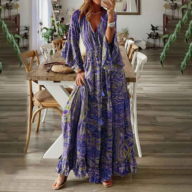 HTNBO Women s Fall Boho Dresses 2023 3 4 Sleeve V Neck Empire Waist Bohemian Dress Smocked Maxi Dresses Walmart