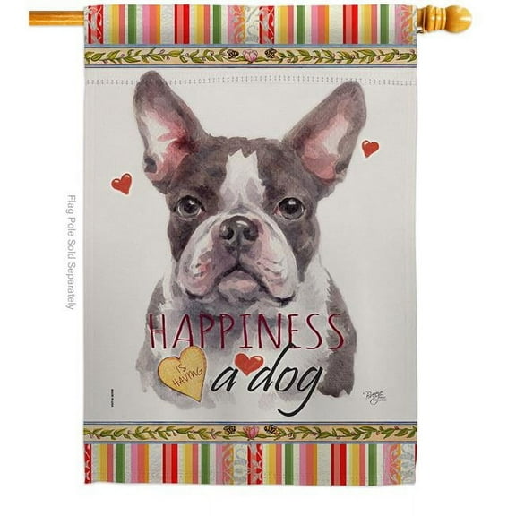 Breeze Decor H110242-BO Gray Boston Terrier Happiness Animals Dog 28 x 40 in. Double-Sided Decorative Vertical House Flags for Decoration Banner Garden Yard Gift