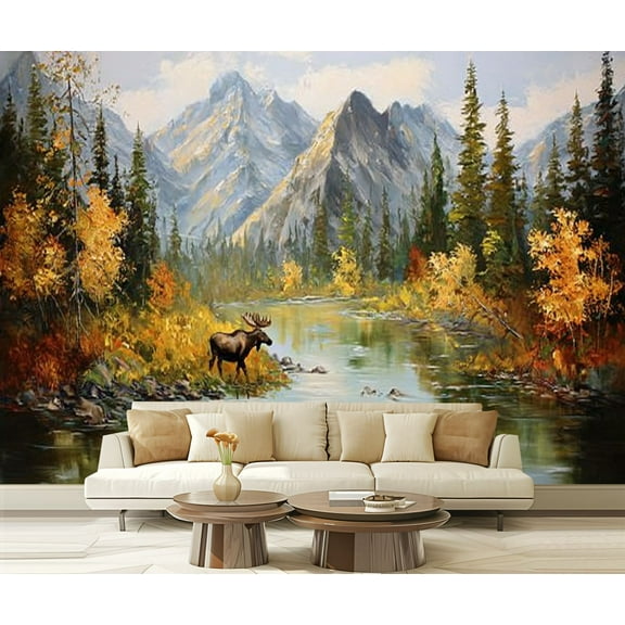 Peel and Stick Wallpaper Painting Majestic Rustic Wild Animal Elk Deer Forest Mountain River Modern Art Wall Mural Decor Self Adhesive and Removable 69in x 98in