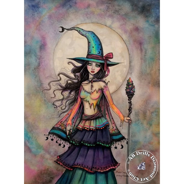 Bruja de Halloween 5D DIY AB taladros pintura de diamantes chica de dibujos animados fantasía calabaza punto de cruz bordado imagen mosaico decoración del hogar