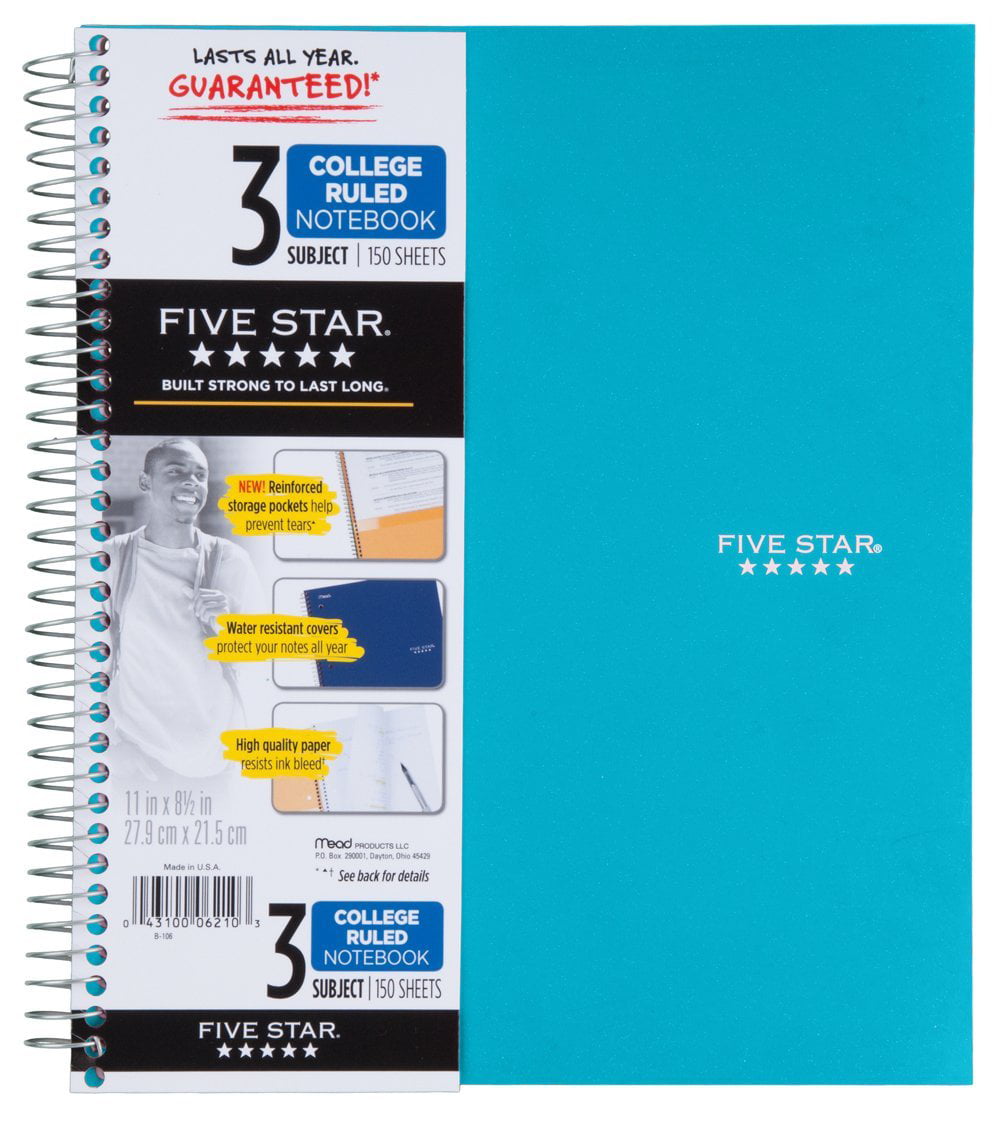 2 Pack 150 Sheets 73031 Five Star Spiral Notebooks 3 Subject Teal Wide Ruled Paper 10-1/2 x 8 Yellow 
