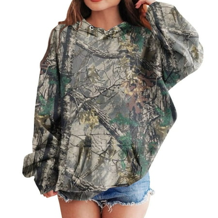 Camo girls Classic Hunting Cotton/Poly Blend Camo Pullover Fleece Letter Loose Hoodie Sweatshirt Long Sleeve Kangaroo Pocket Drop Shoulder Pullovers Top
