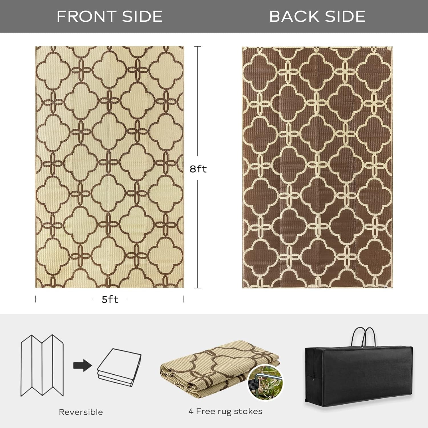 Waterproof Outdoor Patio Rug - Reversible Plastic Straw Camping Mat with Carrying Bag - Ideal for RV, Picnic, Backyard, Indoor Use - Durable & Easy-Clean Design, 5 x 8 ft, Light Coffee, 1 Pack