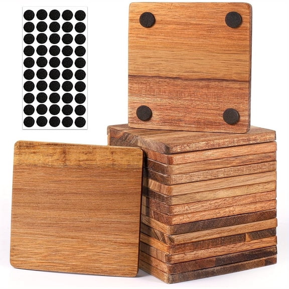 10 Pack Acacia Wood Coasters for Drinks, Natural Square Wooden Coasters with Non Slip Pads, Heat Resistant Cup Coasters for Coffee Mug Wine Glass Table Protection Home Kitchen Bar Decor Gift