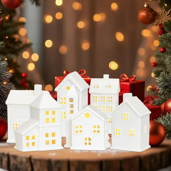 Ceramic Christmas Village Houses, 6 Pack Porcelain White Small House Tabletop Figurines, Christmas Decorations for Home Shelf Cabinet Table Winter Decor