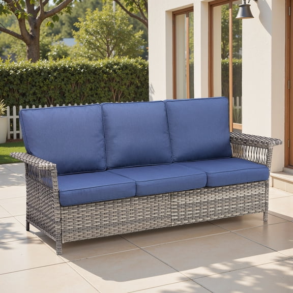 Opohoro 79" Outdoor Patio Wicker 3-Seat Luxury Couch, Gray PE Rattan Patio Sofa with Wide Armrests and Blue Cushions for Porch or Deck