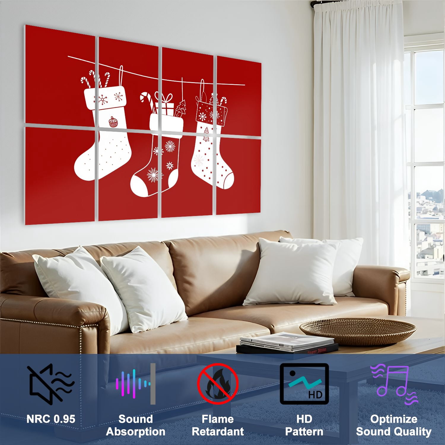 8 Pack Art Acoustic Panels Sound Absorbing Christmas Stockings Festive Decorative Soundproof Wall Panels Self Adhesive for Nursery Game Room Bedroom 48"x32"