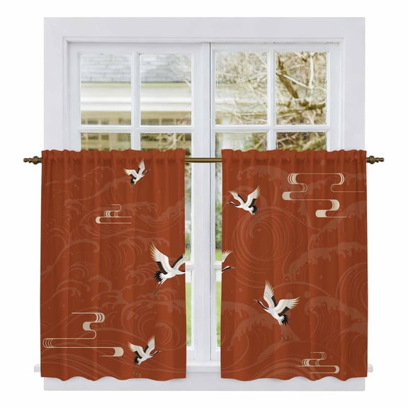 Japanese Style Kitchen Curtains 45 Inch Length, Vintage Cranes Ocean Wave Red Tiers Curtains for Bathroom Bedroom Cafe, Light Filtering Small Window Treatment Short Tiered Drapes 2 Panels 42"Wx45"L