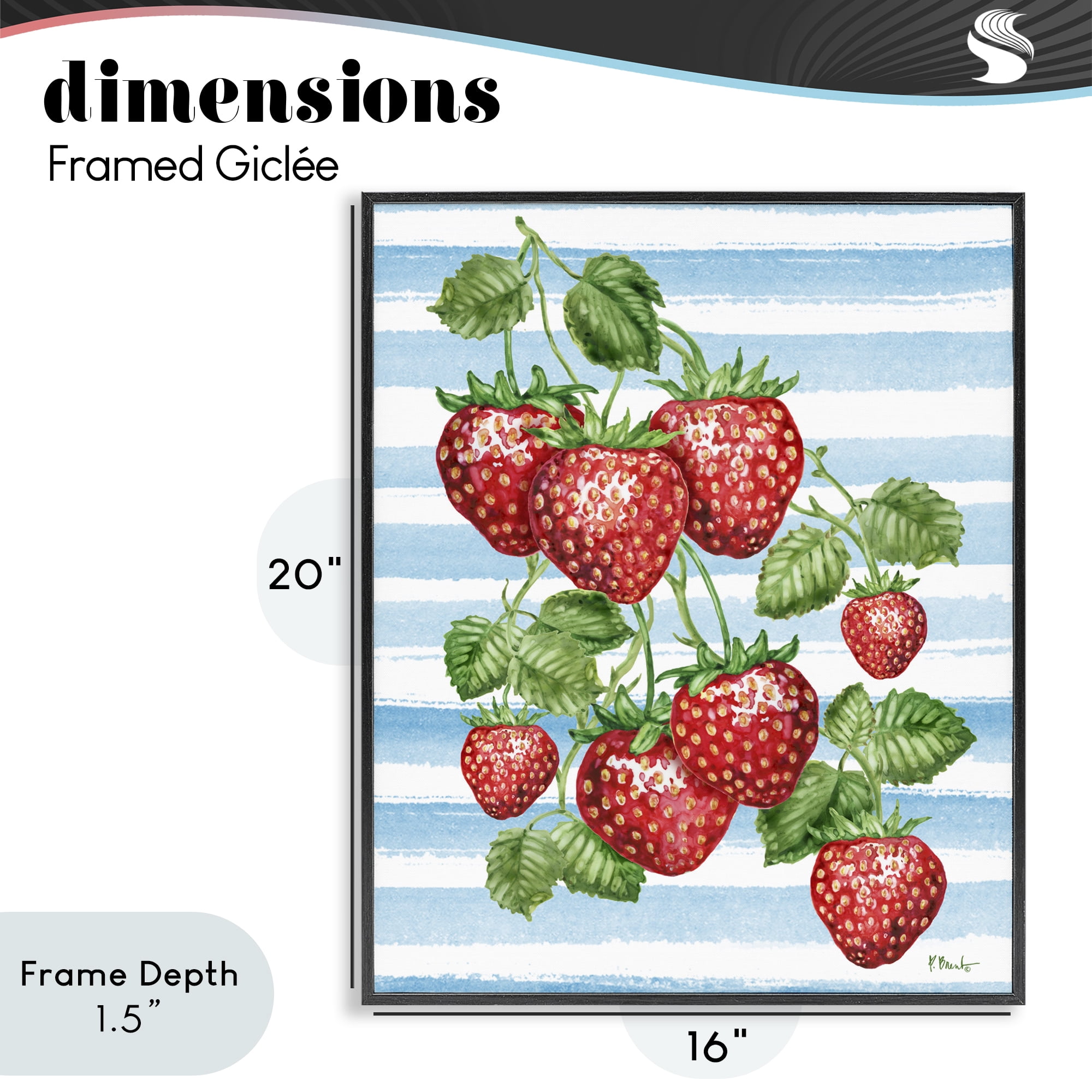 Stupell Industries Juicy Strawberry Vine on Stripes Black Framed Giclee Art, design by Paul Brent