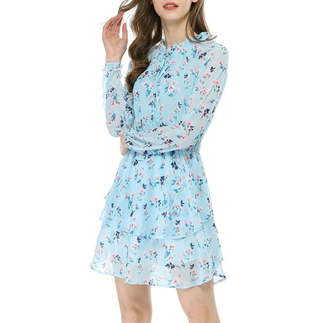 INSPIRE CHIC Robe en Mousseline pour Femme à Imprimé Floral, Taille Smockée, Col en V, Manches Longues, m Bleu Pâle