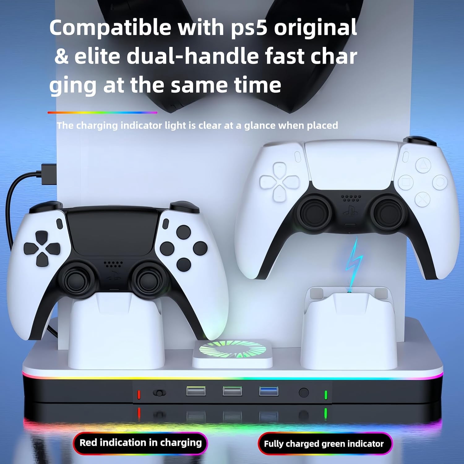 Cooling Station for PS5/PS5 Slim/PS5 Pro Console (Disc& Digital),PS5 Slim Stand with Fast Controller Charging Station,Controller Charger,3 Speeds Cooling Fan,Headset Holder,RGB Lights&3 USB Ports