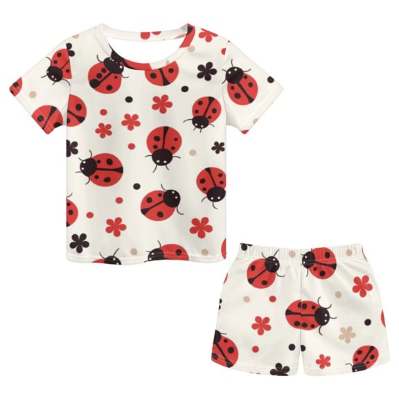 Uourmeti Girls Loungewear Suit Ladybug Flower Dot Short Set 2Pcs Summer Short Sleeve T-Shirt and Solid Color Shorts with Pockets