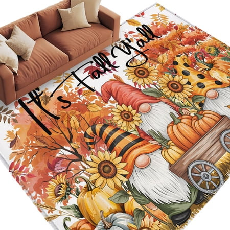 Area Rug 5x8ft Thanksgiving Dwarf Sunflower Washable Rugs for Living Room Bedroom Rustic Fall Maple Leaf Pumpkin Soft Non-slip Area Rugs Rectangle Floor Carpet for Dining Room