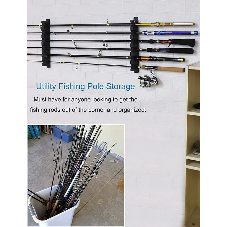 1 Pair Horizontal Fishing Rod Rack Holders Wall-mounted Fish Pole Holder  for Garage & Boat 6-Rod Storage Racks ，Black