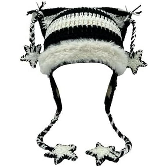 Beanies Cat Beanie Beanie Goth Knit Hat Grunge Crochet Hats for Women Accessories, Women's Hand-Knitted Star Striped -Ear Braid Hat With Ear Protectioned, Christmas Hat Best Gifts Versatile Cap