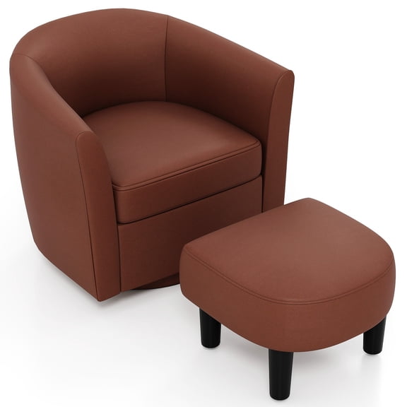 LYYHTYF Swivel Barrel Chair with Ottoman, 360° Swivel Accent Chair with Curved Backrest & Armrests, Upholstered Lounge Chair with Footrest for Living Room, Bedroom or Office, Brown