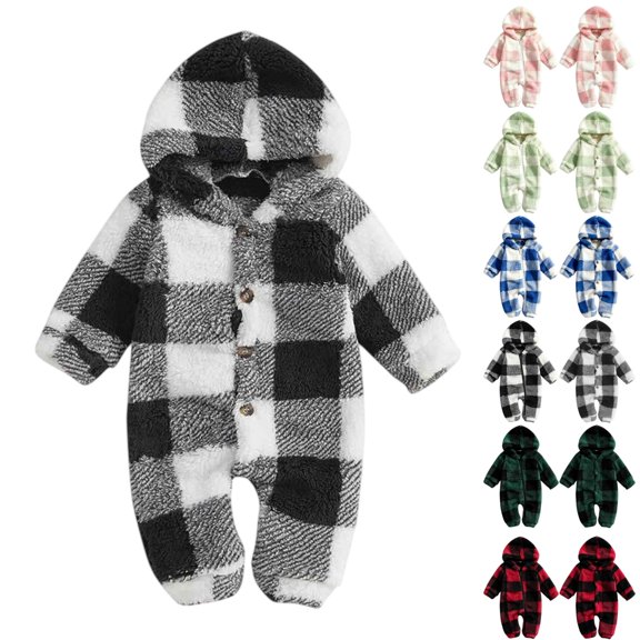 Baby Boys Girls Winter Footed Hooded Jumpsuit Plaid Button-Up Coat for Cold Weather Indoor Outdoor Wear Infant Full Body Romper Clothes