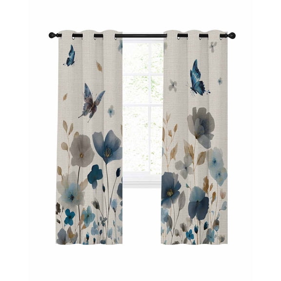 Spring Flower Blackout Curtains for Bedroom Living Room, Watercolor Grey Blue Floral Leaf Butterfly Linen Texture 63 In Long Thermal Insulated Room Darkening Drapes Grommet Window Treatments 52x63 In