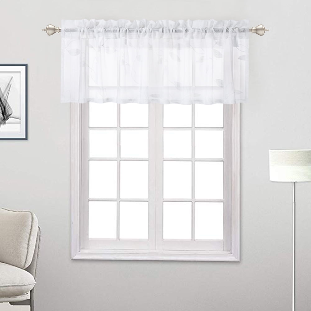 GlowSol Kitchen Curtain Valance 52"W x 15"L Floral Embroidered Sheer