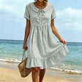 thumbnail image 7 of Ayolanni V Neck Dresses for Women Solid Short Sleeve A-Line Midi Dress Flowy Cotton Linen Travel Beach Dress Gray L, 7 of 7