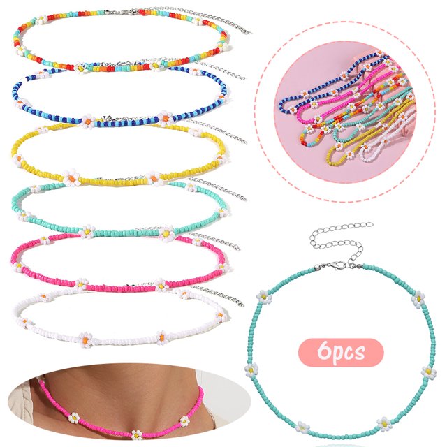 6 Pcs Colliers Ras du Cou Perlés Vsco Boho Collier de Fleurs Fait Main Collier Mignon pour Adolescentes Ensemble de Colliers de Plage