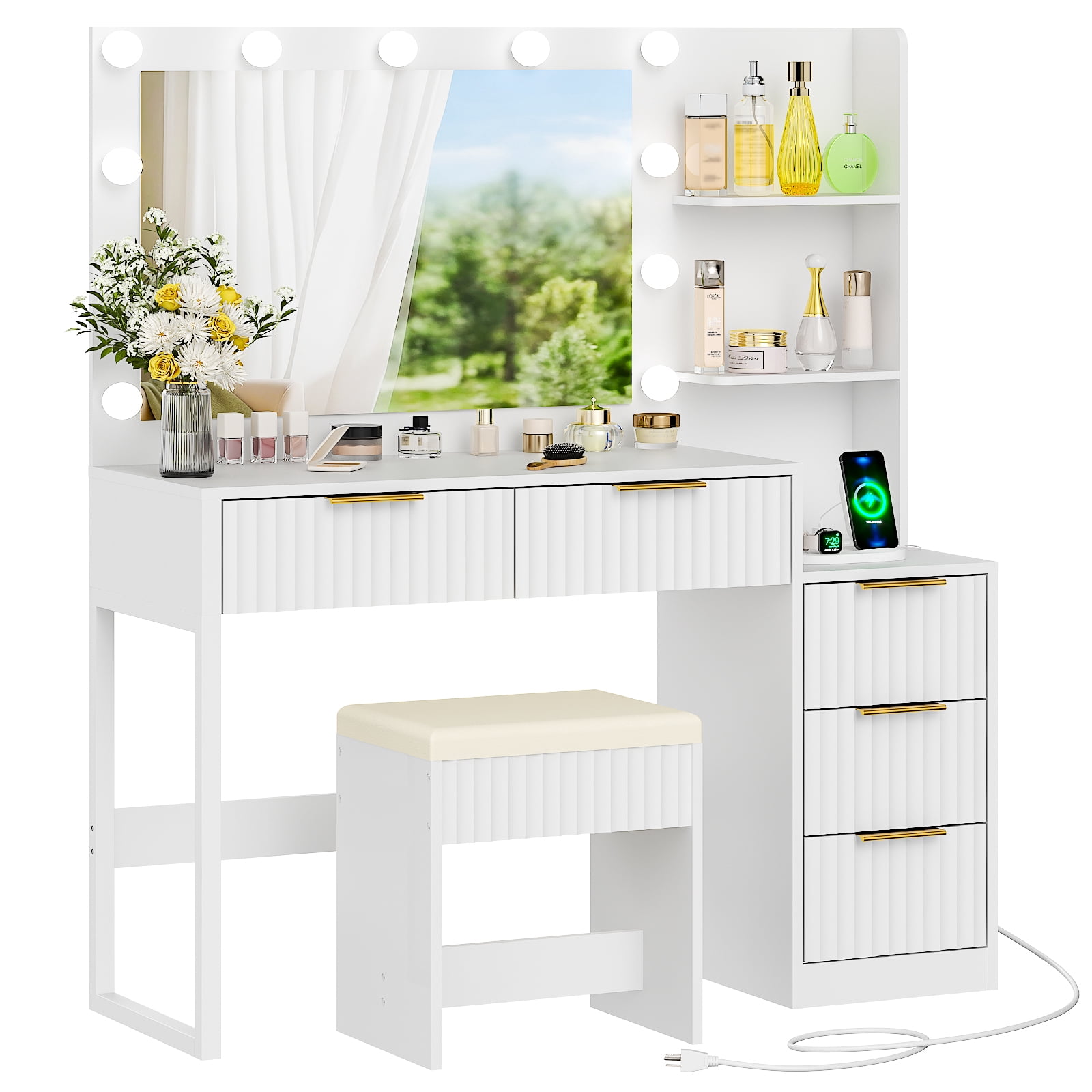 Ktaxon Flutted Makeup Vanity Table Set with 5 Drawer, Dressing Table w/Charging Station, Vanity Desk for Femal Gift, White