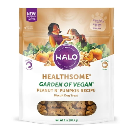 - Halo Vegan Grain Free Natural Crunchy Dog Treats, Garden of Vegan Peanut N' Pumpkin Recipe, 8-Ounce Bag