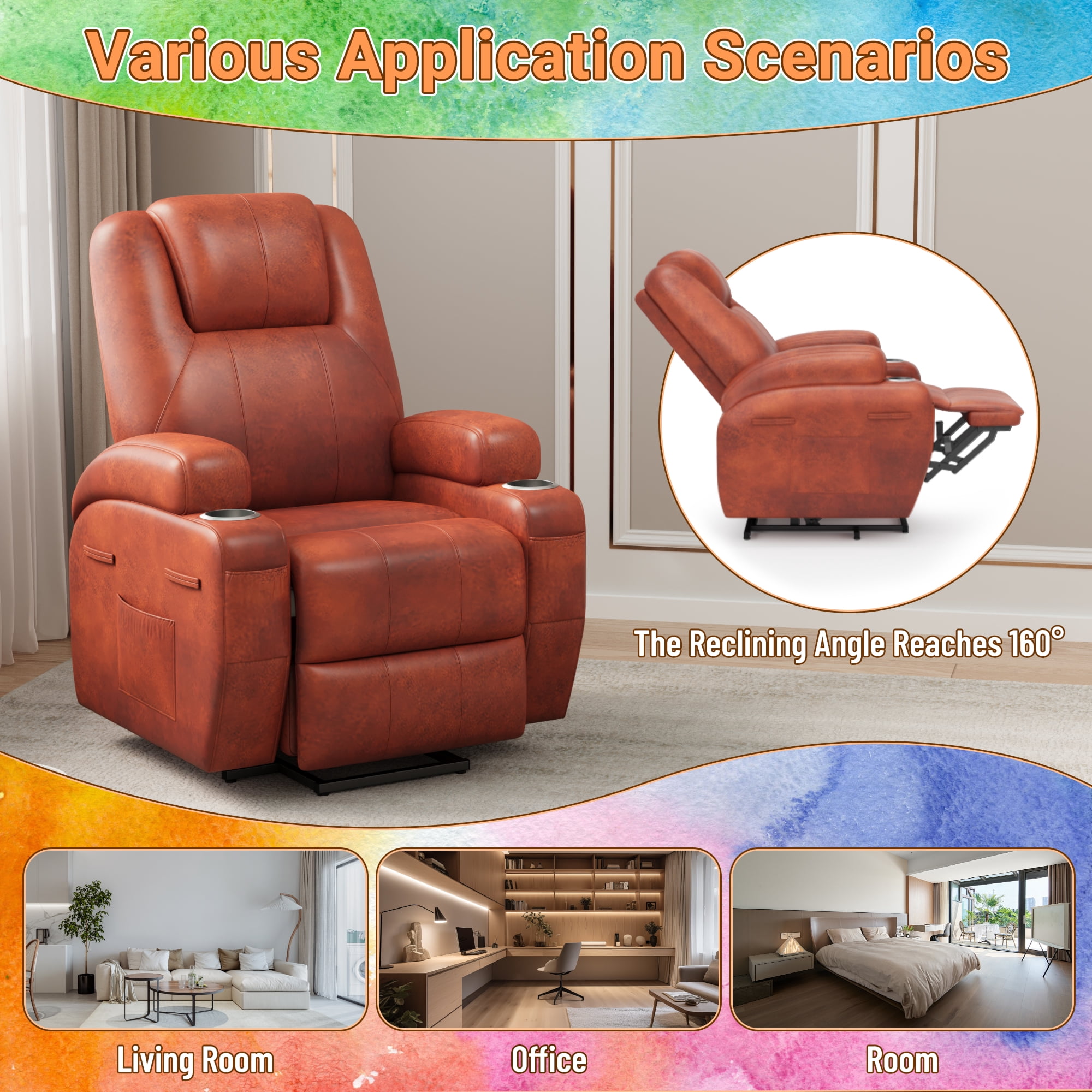 Vineego Power Lift Recliner Chair with Massage - Remote Control, Leathaire Fabric, Cup Holders for Elderly & Home Theater,Brown