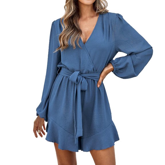 TAIAOJING Womens Overalls Ladies Fashion V Neck Long Sleeve Solid Color Casual Lace Up Jumpsuit