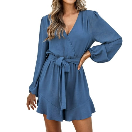 

Ladies Fashion V Neck Long Sleeve Solid Color Casual Lace Up Jumpsuit Jean Suite Long Sleeve Womens Body Suit Overalls for Women Casual Summer Vertical Striped Romper with Belt Jumpsuits Bandeau