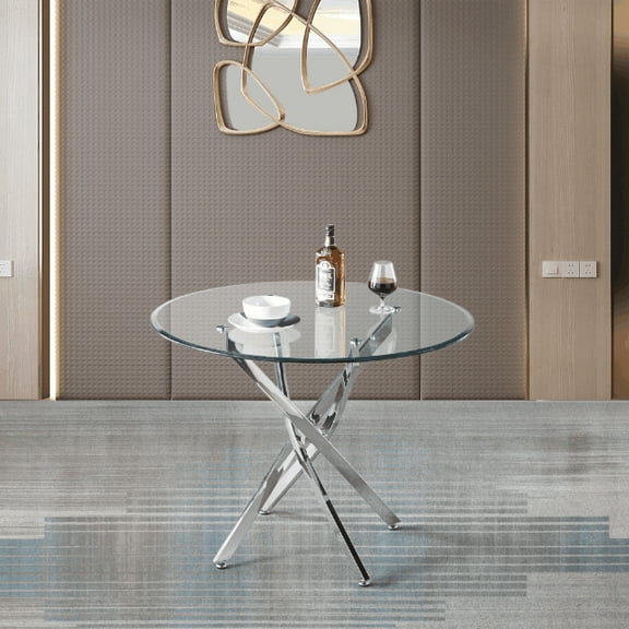 Contemporary Round Dining Table with Tempered Glass Top and Stainless Steel Base for Modern Homes